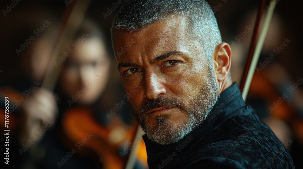 A focused musician gazes intensely while an orchestra plays in the background. A focused musician gazes intensely while an orchestra plays in the background.