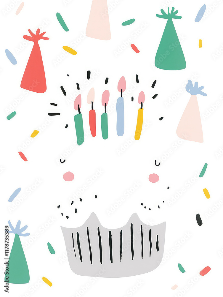 joyful cupcake illustration with colorful candles, surrounded by festive confetti and party hats, creating cheerful and celebratory atmosphere joyful cupcake illustration with colorful candles, surrounded by festive confetti and party hats, creating cheerful and celebratory atmosphere