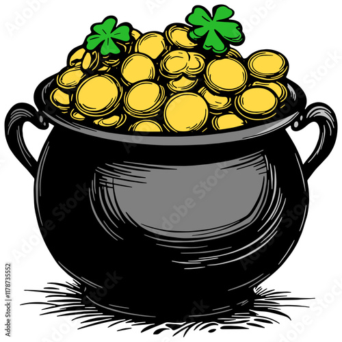 Cartoon pot of gold with gold coins and green shamrocks. 
