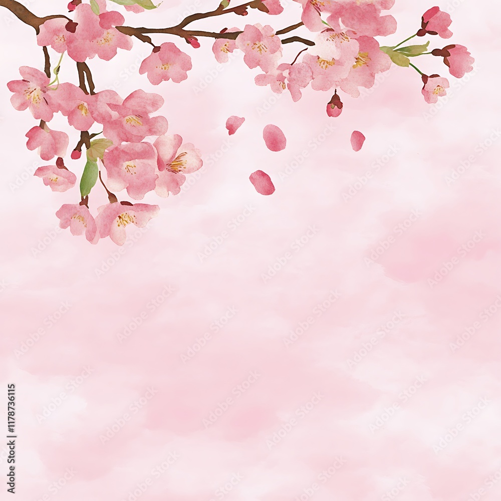 Delicate Cherry Blossom Branches with Falling Petals Against a Soft White Background Delicate Cherry Blossom Branches with Falling Petals Against a Soft White Background
