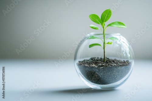 Young plant growing in a round glass terrarium with water photo