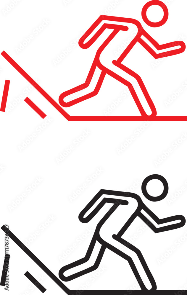 Minimalist warning sign, stick figure falling, caution symbol, red and black outlines, simple geometric shapes, safety hazard illustration, contrasting colors, bold graphic design, danger pictogram, u Minimalist warning sign, stick figure falling, caution symbol, red and black outlines, simple geometric shapes, safety hazard illustration, contrasting colors, bold graphic design, danger pictogram, u