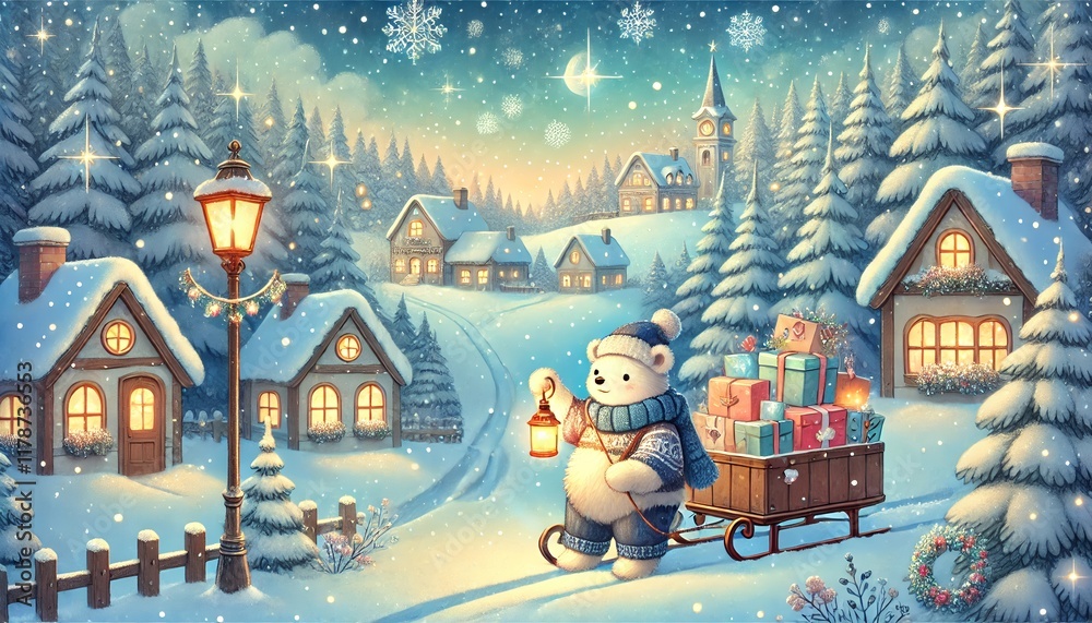 Naklejka premium A Whimsical Winter Mailman Scene in a Storybook-Style Setting with Fantasy and Warmth