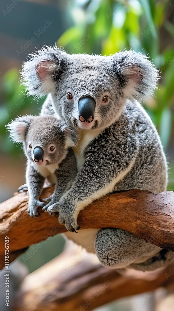 Fototapeta premium Baby koala cradled safely by loving mother