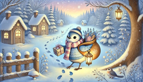 A Heartwarming Winter Forest Scene with a Bird Mail Carrier Delivering Enchanted Parcels in a Whimsical Pastel Illustration