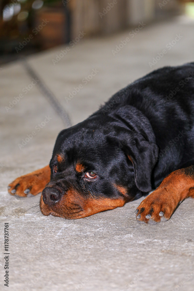 Obraz premium Rottweiler in the garden at sunset. Rottweiler dog lying on the floor and yawning 