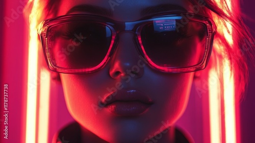 Closeup of woman with reflective sunglasses and neon highlights photo