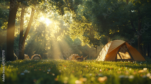 Camping tent in the park, surrounded by trees and grass under sunlight. 