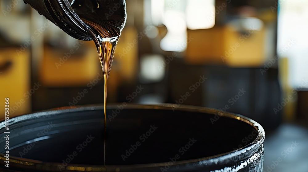 Obraz premium Dark engine oil dripping slowly from the oil pan into a container