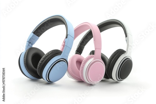 Three pastel colored wireless headphones rest on a white background photo