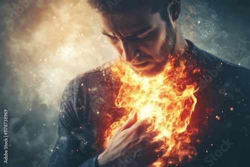Intense man displaying powerful emotions with flames emerging from his chest in a dramatic setting
