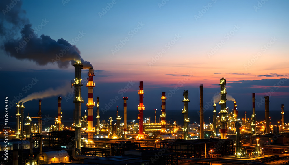 Naklejka premium Dramatic industrial scene, sprawling refinery under a twilight sky, towers emitting steam and complex piping highlighted, symbolizing energy production, vintage, with white tones
