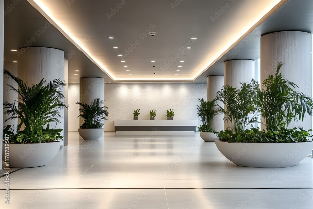 Fototapeta premium Contemporary Serenity: Modern Minimalist Lobby Interior Design with Greenery