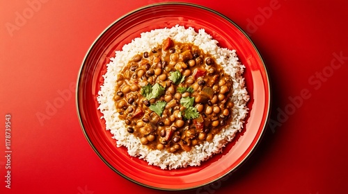 An African-inspired black-eyed pea curry, isolated on a vibrant red plate