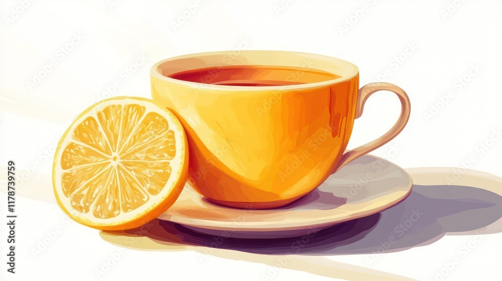 Yellow teacup with lemon slice on saucer. Yellow teacup with lemon slice on saucer.