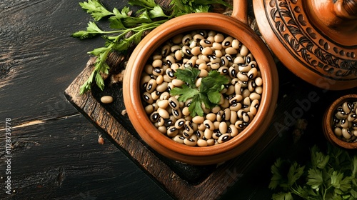 Black-eyed peas cooked in a clay pot, isolated with decorative herbs on the side