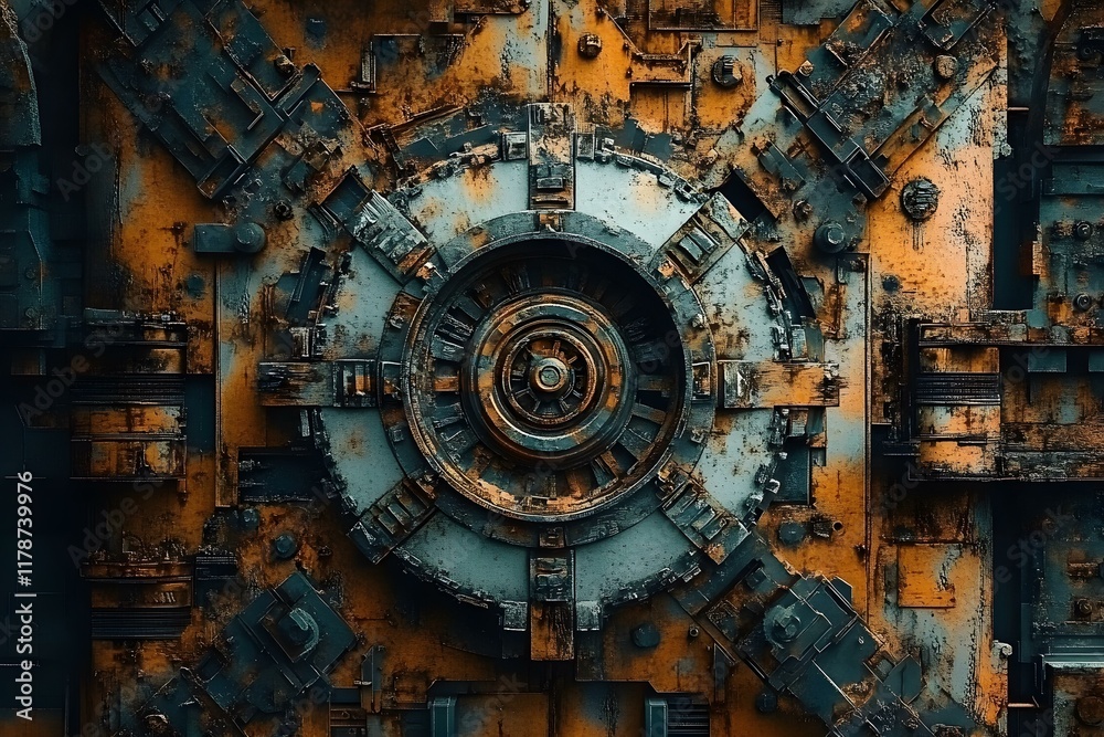 Obraz premium Timeless Mechanics: Rusty Intricate Steampunk-Style Machinery Detail with Gears