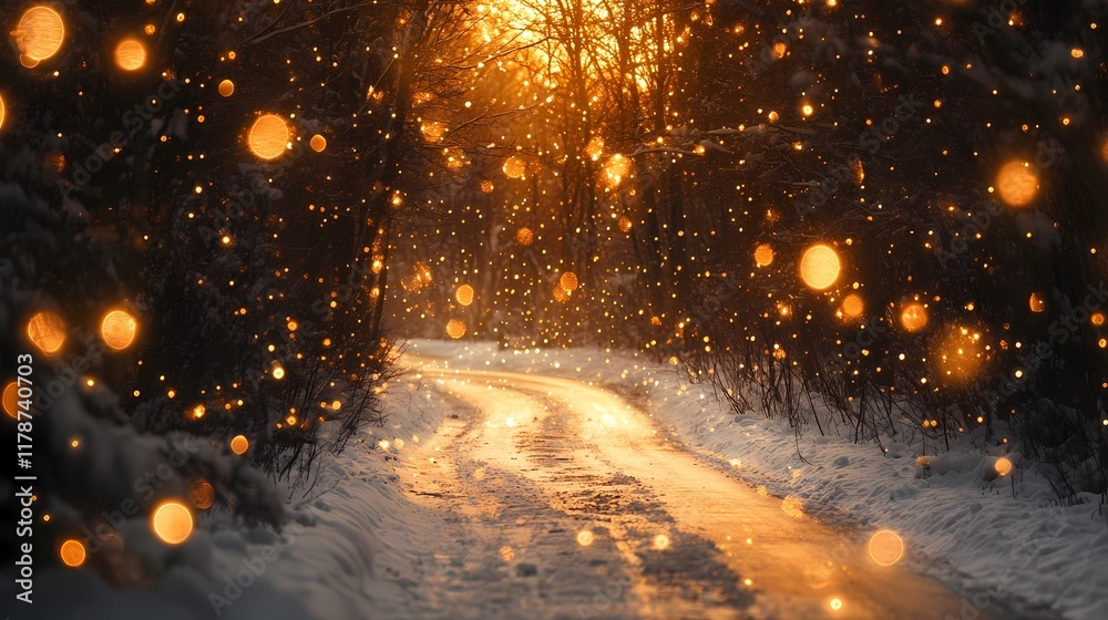 Naklejka premium Blurred glowing golden light reflecting softly on a snowy forest road creating a peaceful and magical wintertime backdrop