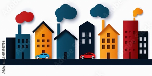 Colorful cityscape with houses, cars, and smoke stacks in a graphic style.