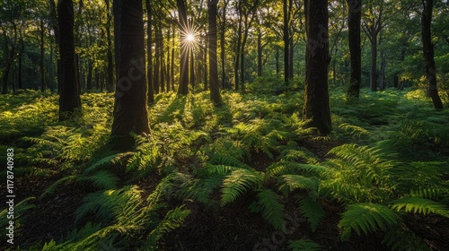 Sunlight filtering through trees on a lush rainforest floor with vibrant ferns creating a serene and tranquil nature scene. photo