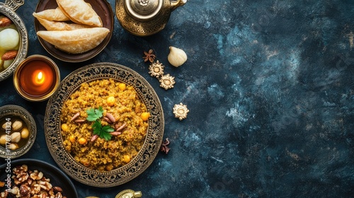 Ramadan festive background featuring moong dal halwa, homemade khak, and traditional treats on a dark textured surface. photo