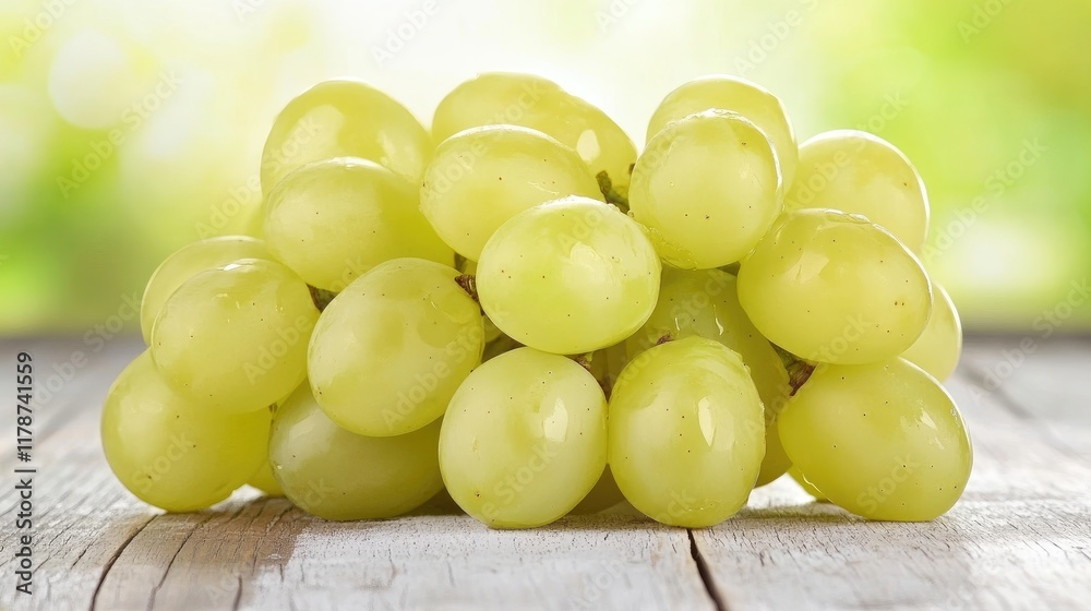 Fresh Juicy White Grapes on Wooden Surface with Soft Focus Green Background and Ample Copy Space for Text Insertions Fresh Juicy White Grapes on Wooden Surface with Soft Focus Green Background and Ample Copy Space for Text Insertions