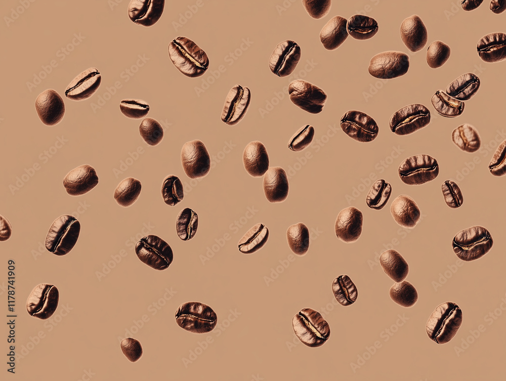 Obraz premium Floating Coffee Beans on Brown Background