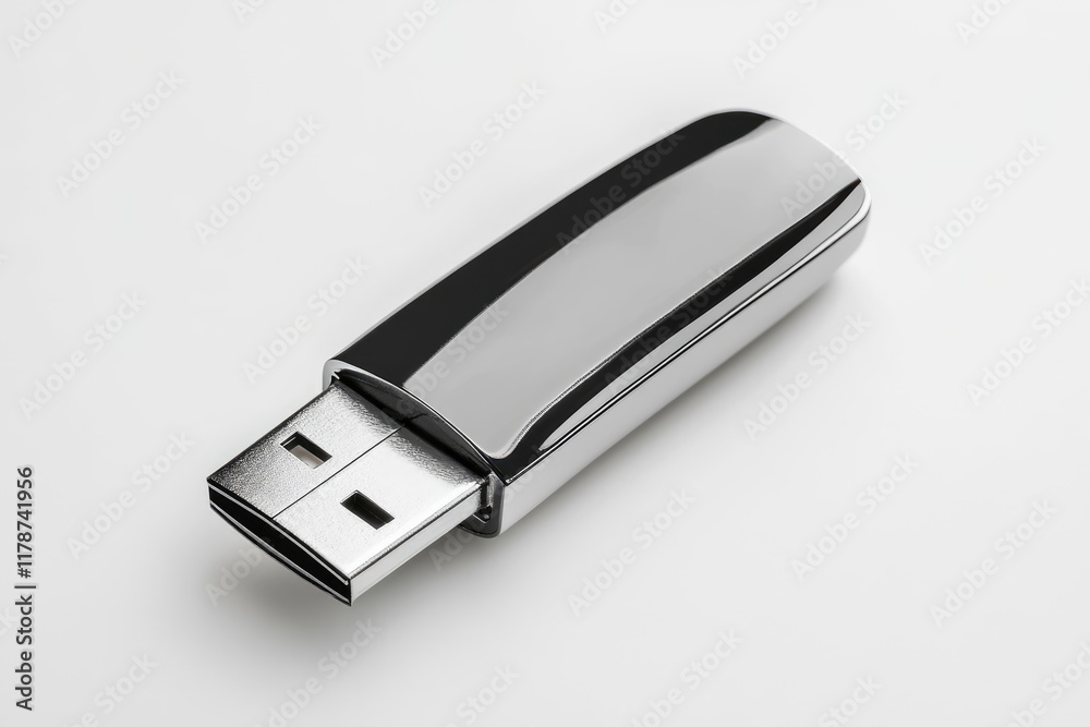 A Sleek Metallic USB Flash Drive on White Background A Sleek Metallic USB Flash Drive on White Background
