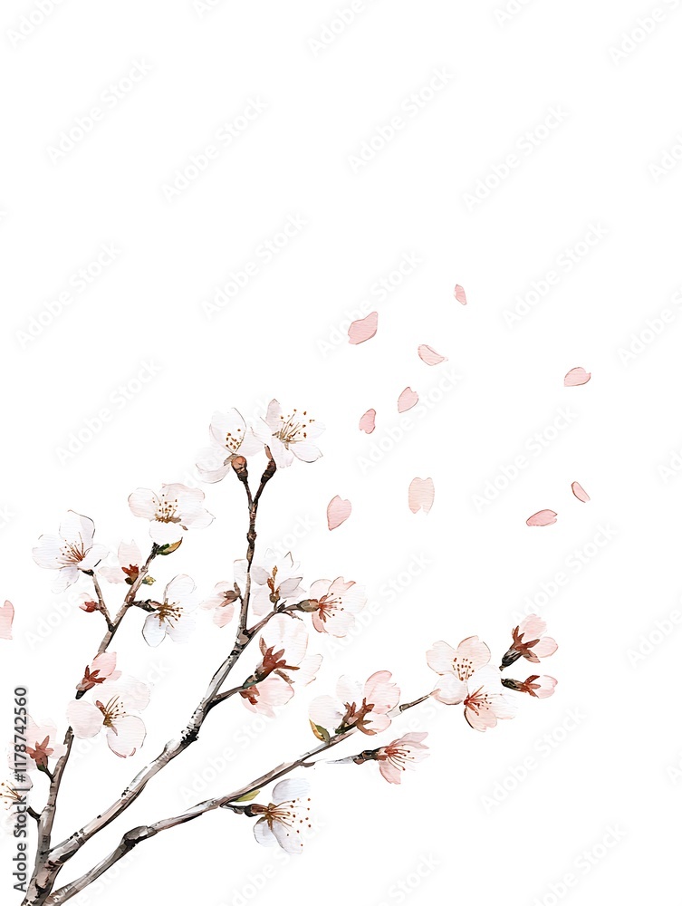 Beautiful Cherry Blossom Tree Branch with Falling Petals on a White Background Beautiful Cherry Blossom Tree Branch with Falling Petals on a White Background
