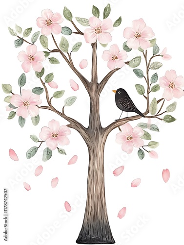 Beautiful Cherry Blossom Tree Branch with Falling Petals on a White Background