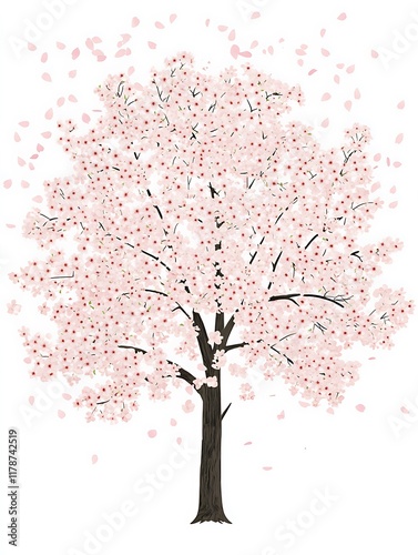 Beautiful Cherry Blossom Tree Branch with Falling Petals on a White Background