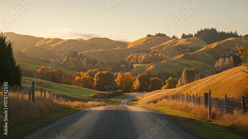 Serene Secondary Road Winding Through Lush Rolling Hills in Vibrant Autumn Colors