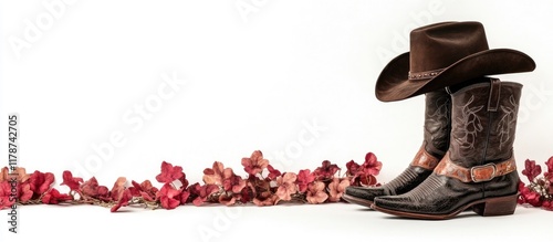 Cowboy hat leather boots and belt displayed with decorative flowers on white background perfect for western themed promotions photo