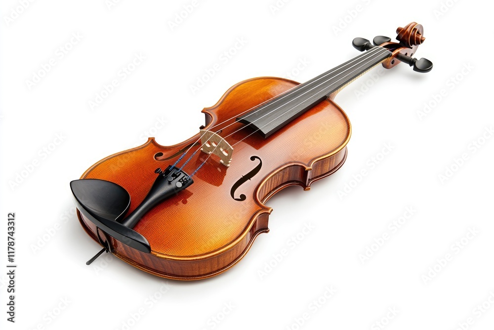 Fototapeta premium A Polished Violin Rests on a White Background