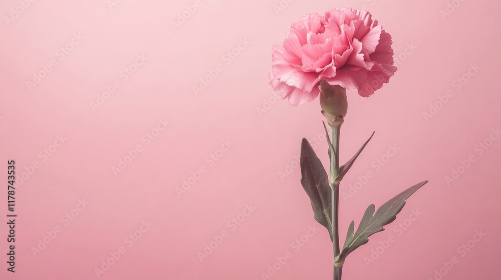 Delicate pink carnation blossom against a serene pink backdrop emphasizing elegance and beauty in floral design. Delicate pink carnation blossom against a serene pink backdrop emphasizing elegance and beauty in floral design.