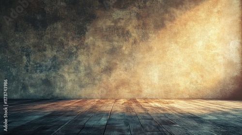 Textured wall and wooden floor with soft shadows and light creating an atmospheric effect ideal for adding your own text or graphics