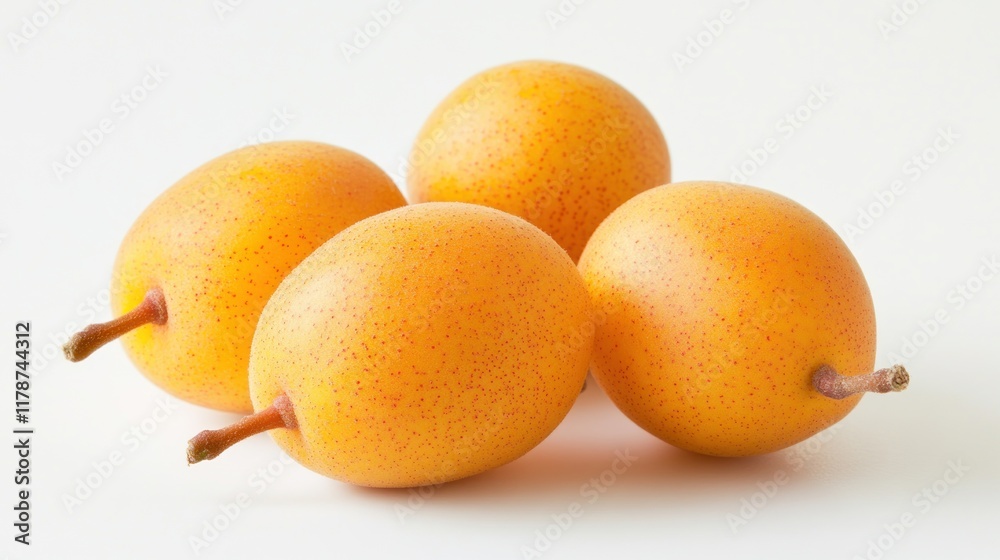 Four yellow fruits with a smooth surface and small speckles arranged on a white background. Four yellow fruits with a smooth surface and small speckles arranged on a white background.