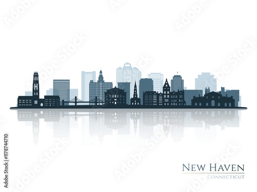 New Haven skyline silhouette with reflection. Landscape New Haven, Connecticut. Vector illustration.