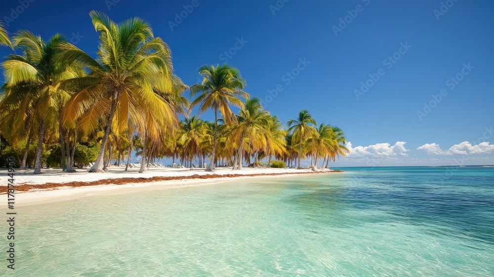 Obraz premium Palm trees along a pristine beach under a bright blue sky with clear turquoise water in a tropical paradise setting