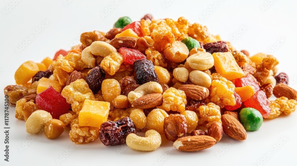 Crispy Sweet and Sour Snack Mix with Colorful Roasted Nuts and Candied Fruits on a White Background Crispy Sweet and Sour Snack Mix with Colorful Roasted Nuts and Candied Fruits on a White Background