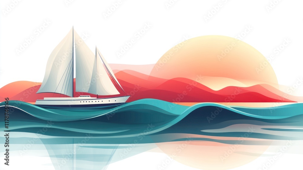 Naklejka premium Sailboat sailing on ocean waves at sunset.