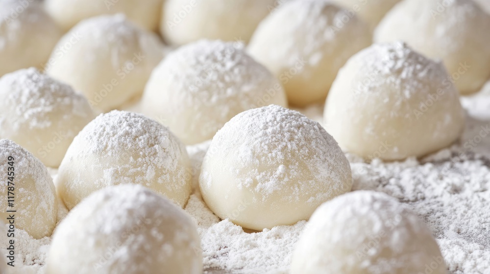 Delicious Sweet Dough Balls Dusting with Powdered Sugar on a Floury Surface for Exquisite Dessert Presentation Delicious Sweet Dough Balls Dusting with Powdered Sugar on a Floury Surface for Exquisite Dessert Presentation