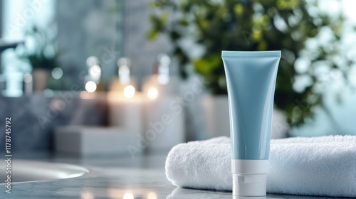 Toothpaste tube with flowing paste surrounded by candles and greenery in a serene bathroom setting photo