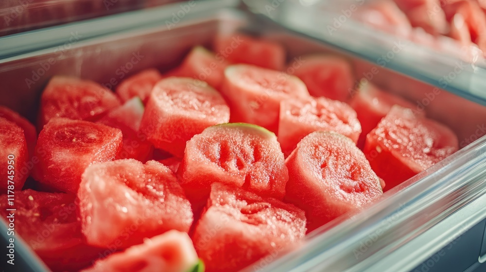 Close up view of fresh watermelon slices stored in freezer showcasing vibrant colors and textures ideal for summer treats and healthy snacks Close up view of fresh watermelon slices stored in freezer showcasing vibrant colors and textures ideal for summer treats and healthy snacks