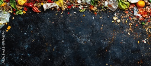 Food waste landfill aerial view highlighting environmental pollution with organic substances and plastic debris in a trash dump area photo