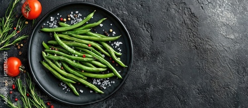 Fresh green beans seasoned with salt and spices on a black plate garnished with tomatoes and herbs healthy eating concept with space for text