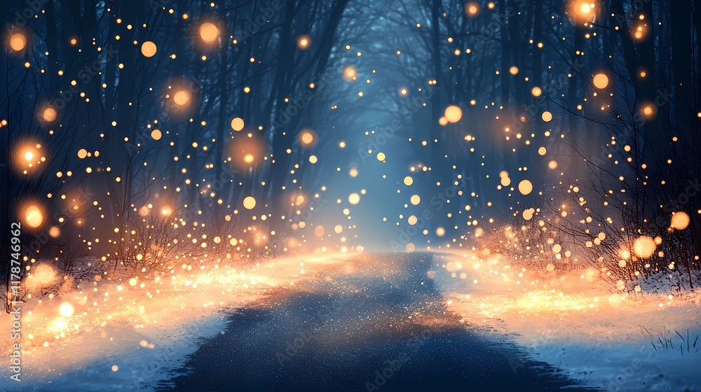 Obraz premium Abstract blurred bokeh glow softly scattered along a frosty forest trail with snow-covered trees evoking a serene seasonal feel