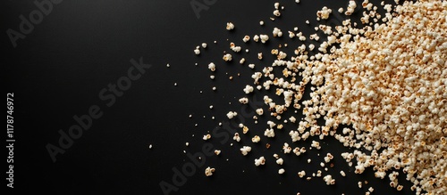 Heap of popcorn with scattered grains on a black background ideal for food and snack related themes with space for text or design elements photo