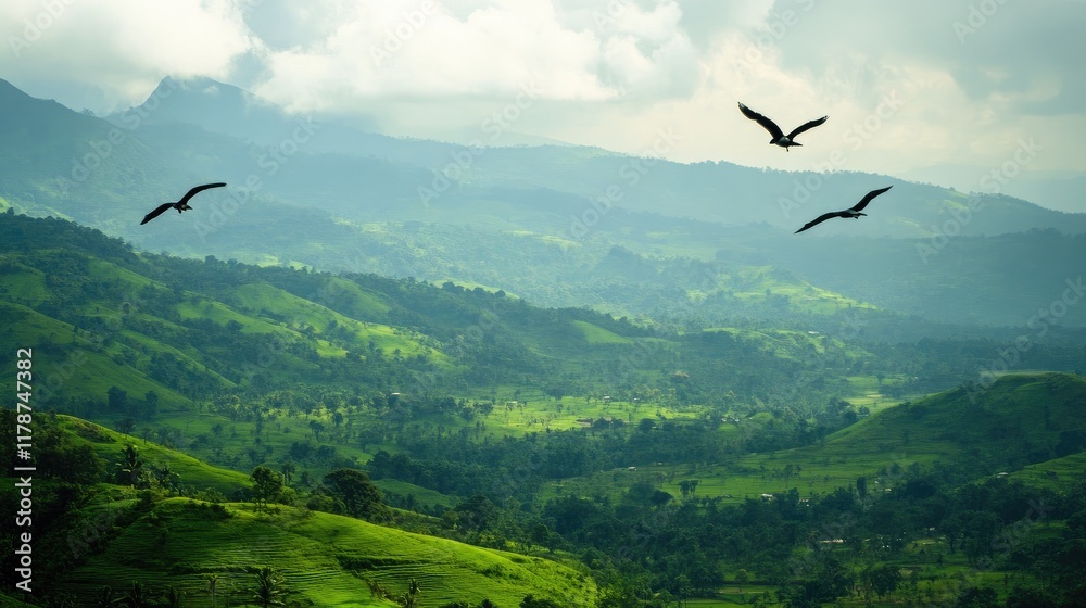 Birds in flight over lush green valleys under a cloudy sky showcasing nature's beauty and tranquility. Birds in flight over lush green valleys under a cloudy sky showcasing nature's beauty and tranquility.