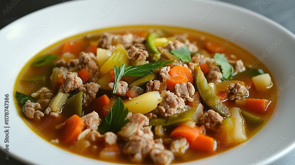 Ground turkey vegetable soup plated with precision, isolated on a metallic silver surface Ground turkey vegetable soup plated with precision, isolated on a metallic silver surface